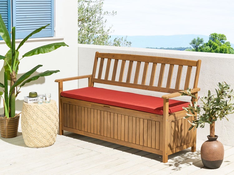 Gartenbank mit Auflage SOVANA 160 cm mit Stauraum Akazienholz Rot