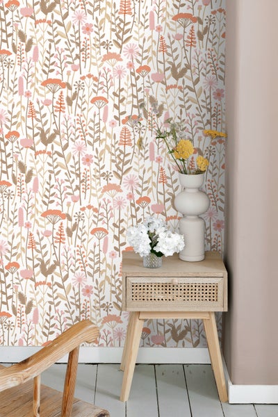 ESTAhome Tapete Feldblumen Terrakotta und Rosa - 50 x 900 cm - 131552