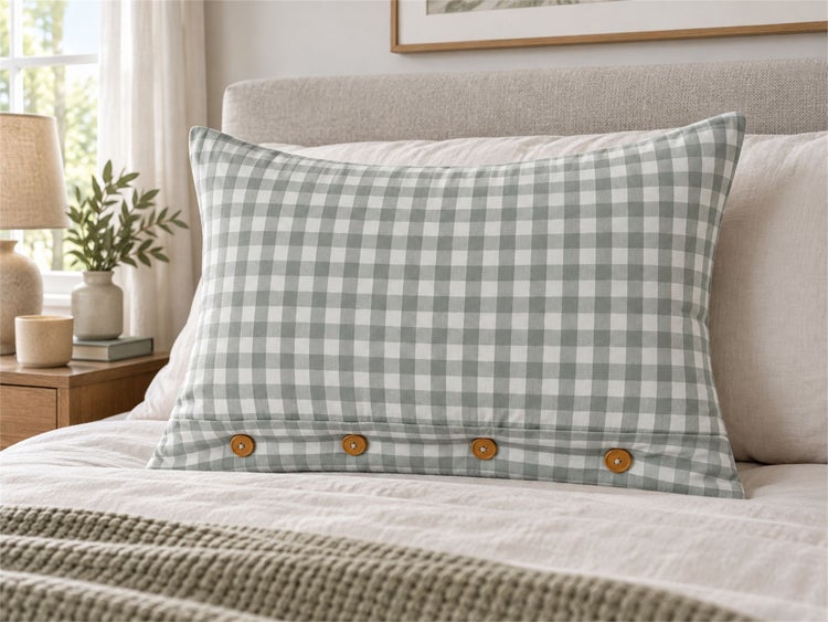 Rechteckiges Dekokissen mit Karomuster und Knöpfen auf einem bezogenen Bett.