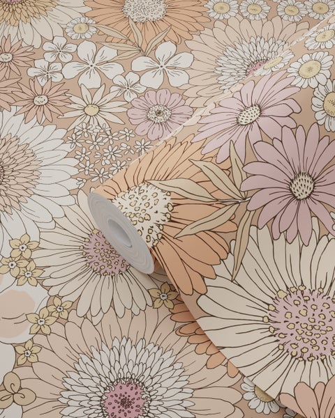 ESTAhome Tapete Retro Blumen Terrakotta, Lila und Weiß - 50 x 900 cm - 131314