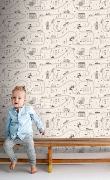 Kindertapete mit Straßen und Fahrzeugmotiven für das Kinderzimmer in einem kindgerechten Design