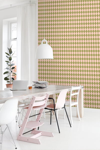 ESTAhome Tapete Karomuster Grün und Rosa - 50 x 900 cm - 131599