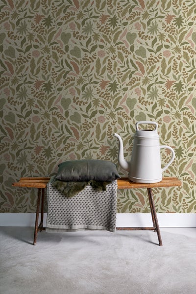 ESTAhome Tapete Blätter und Blumen Olivgrün, Terrakotta und Rosa - 50 x 900 cm - 131052