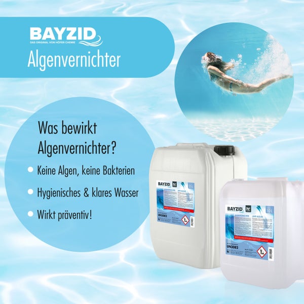Produktbild von Bayzid Algenvernichter in 10 Liter und 20 Liter Kanistern. Das Produkt verhindert Algenbildung und sorgt für hygienisches, klares Wasser.