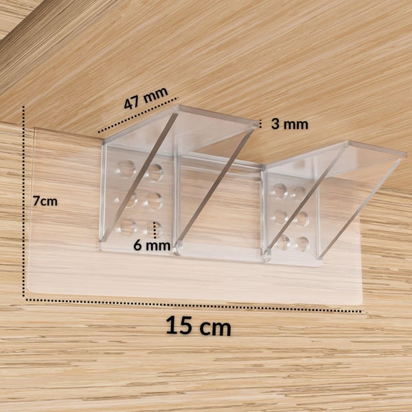 Transparente Kunststoffhalterung mit Maßen 15 Zentimeter mal 7 Zentimeter, Tiefe 47 Millimeter, Materialstärke 3 Millimeter und 6 Millimeter Löchern.
