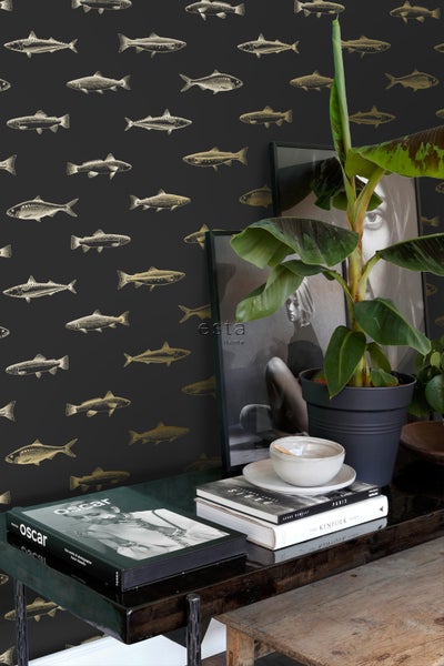 ESTAhome Tapete Federzeichnung Fisch Schwarz und Gold - 53 cm x 10.05 m - 139124