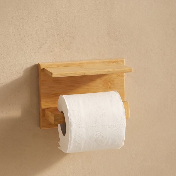Wandmontierter Toilettenpapierhalter aus Bambus mit integrierter Ablagefläche
