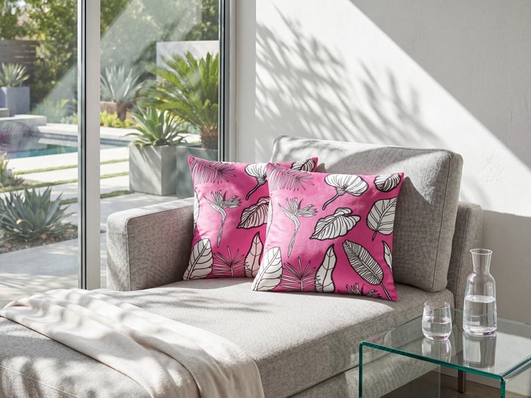 Helles Wohnzimmer mit grauer Récamiere, zwei pinkfarbenen Zierkissen mit tropischem Muster, Glastisch und Blick auf einen Pool.