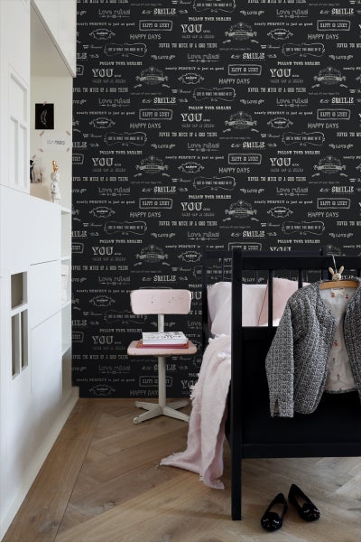 ESTAhome Tapete Kreidetafel-Sprüche Schwarz und Weiß - 53 cm x 10.05 m - 128507