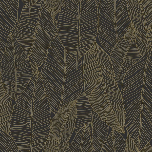 ESTAhome Tapete gezeichnete Blätter Schwarz und Gold - 53 cm x 10.05 m - 139126