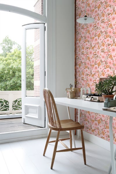 ESTAhome Tapete Blumen Rosa, Orange und Graugrün - 50 x 900 cm - 130925
