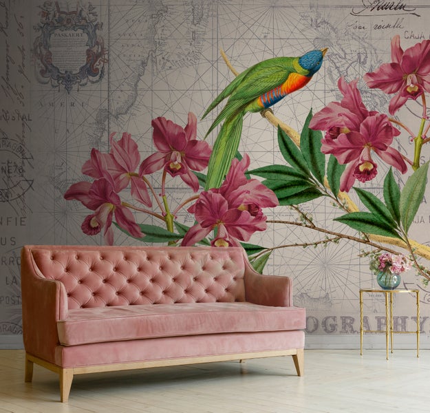 Wohnzimmer mit rosa Samtsofa vor einer Fototapete mit historischer Weltkarte, einem Papagei und Orchideenblüten.