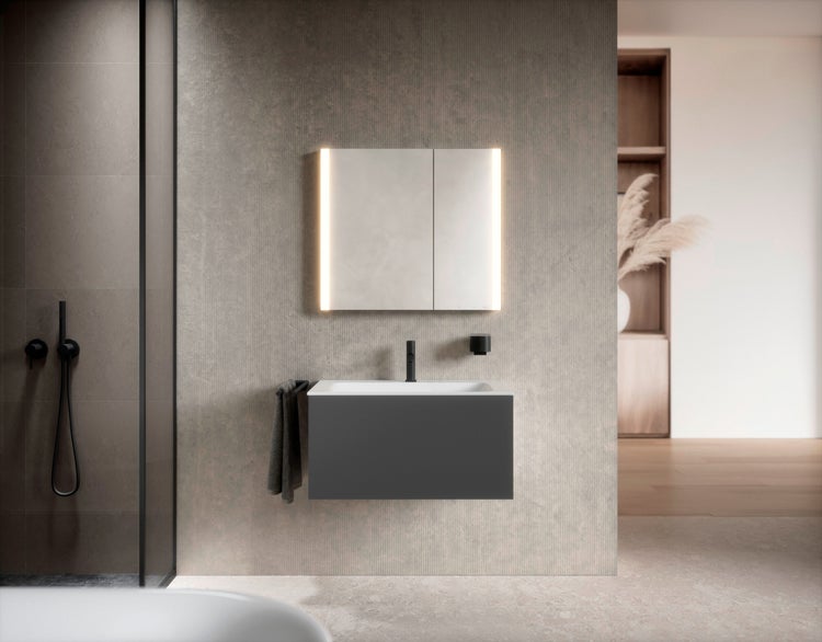 KEUCO Royal Mia Aufputz-LED-Spiegelschrank 80cm, 2 Türen, Spiegelheizung, asymmetrisch, Seiten schwarz