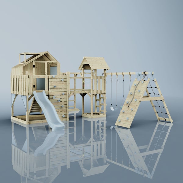 Spielplatz mit Rutsche, Schaukel und Kletterwand aus Holz