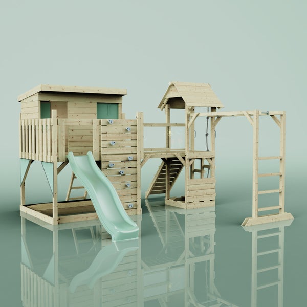 Spielturm mit Rutsche, Kletterwand und Schaukel