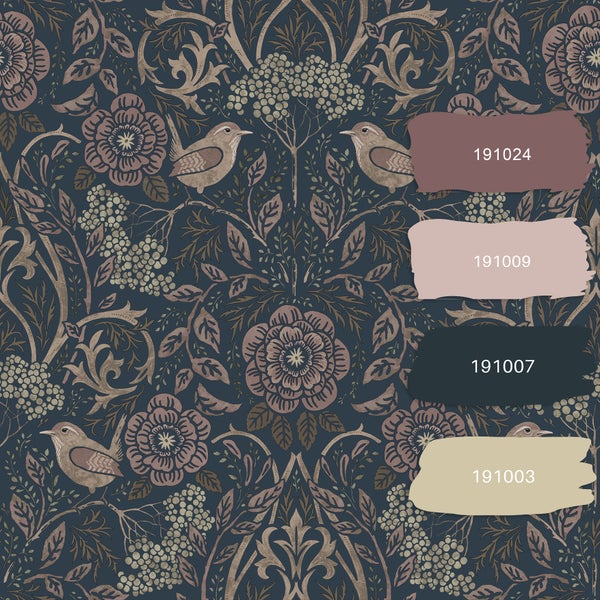ESTAhome Tapete Blumen und Vögel Dunkelblau und Altrosa - 53 cm x 10.05 m - 139832