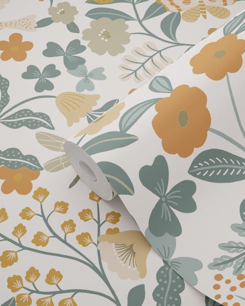 ESTAhome Tapete Blumen und Vögel Graublau, Olivgrün und Ockergelb - 53 cm x 10.05 m - 139865