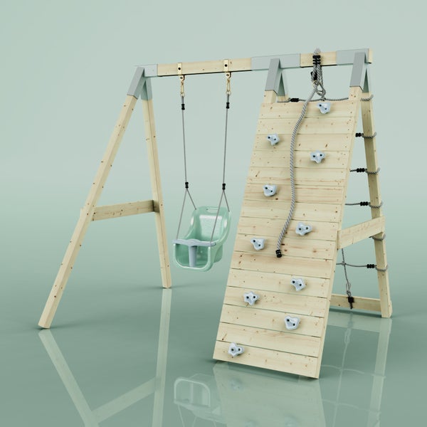 Kinderspielgerät aus Holz mit Babyschaukel und Kletterwand inklusive Klettergriffen und Kletterseil.