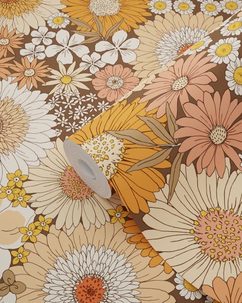 ESTAhome Tapete Retro Blumen Orange und Terrakottarosa - 50 x 900 cm - 131318