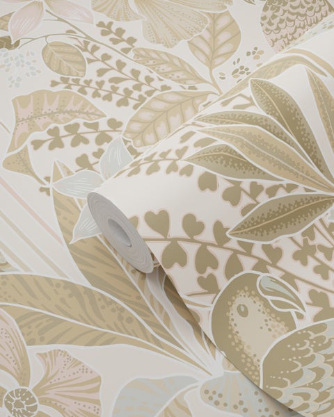 ESTAhome Tapete tropischen Blumen und Paradiesvögeln Sandbeige - 50 x 900 cm - 131156