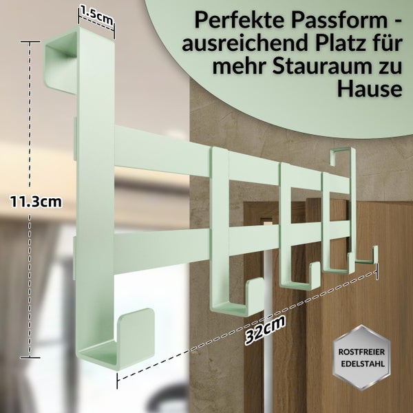 Türhakenleiste aus rostfreiem Edelstahl mit vier Haken. Abmessungen: 32 Zentimeter breit, 11,3 Zentimeter hoch und 1,5 Zentimeter tief.