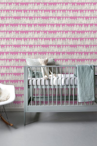 ESTAhome Tapete Amsterdamer Grachtenhäuser Rosa - 53 cm x 10.05 m - 137714