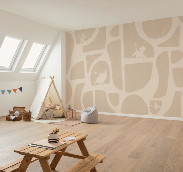 Kinderzimmer mit Spielzelt, Sitzsack, Holztisch und Fototapete