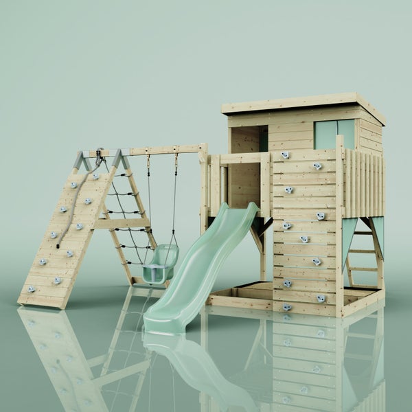 Spielturm aus Holz mit Wellenrutsche, Kleinkindschaukel, Kletterwand und Spielhaus.