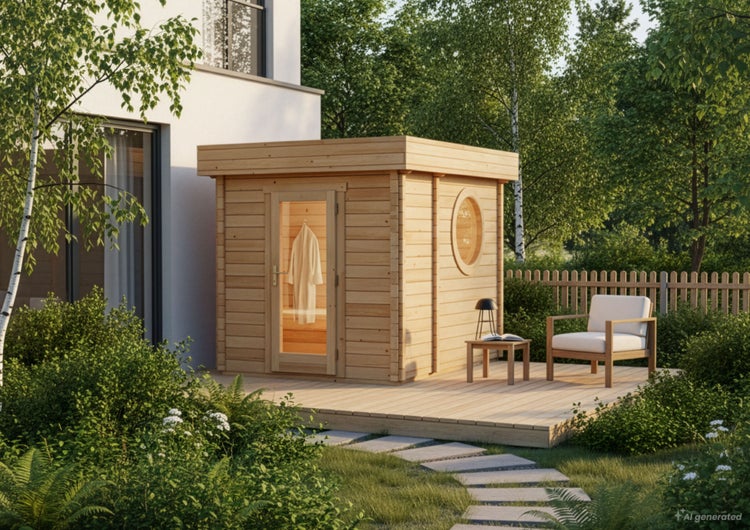 Gartensauna aus Holz mit Flachdach und Glasfenster auf einer Terrasse neben einem Wohnhaus im Garten.