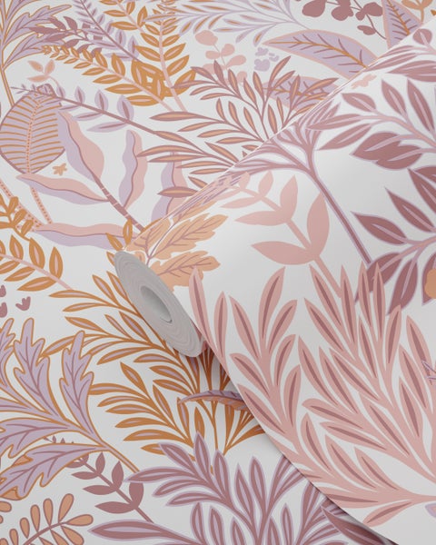 ESTAhome Tapete tropische Blätter und Blüten Orange und Lila - 50 x 900 cm - 131667