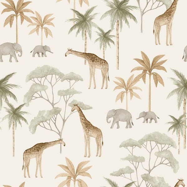 Tapete mit Elefanten, Giraffen und Bäumen