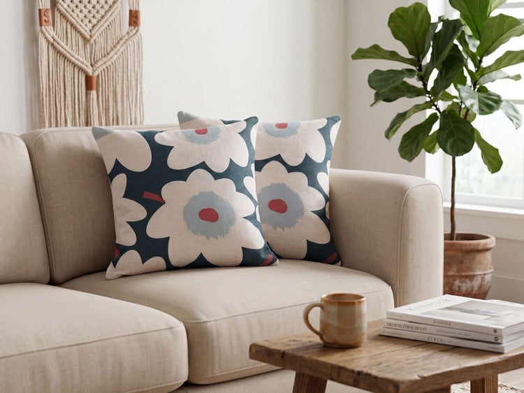 Zwei Zierkissen mit großem Blumenmuster auf einem beigefarbenen Sofa in einem hellen Wohnzimmer mit Holztisch und großer Zimmerpflanze.
