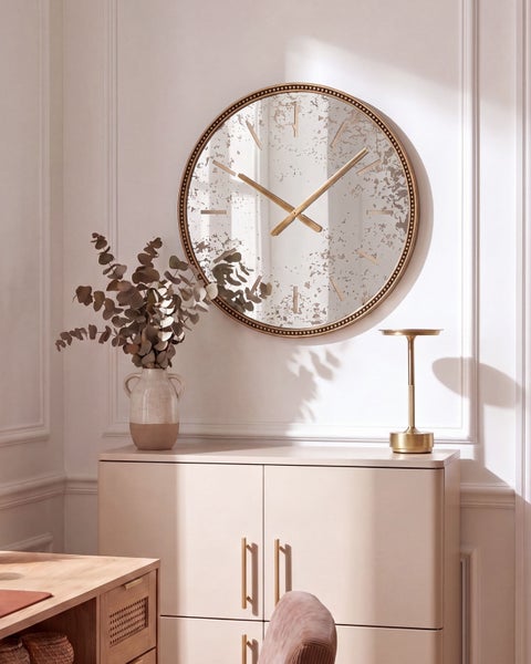 Runde Wanduhr mit antikem Spiegeleffekt und Metallrahmen über einer Kommode mit Vase und Tischleuchte in einem eleganten Wohnbereich