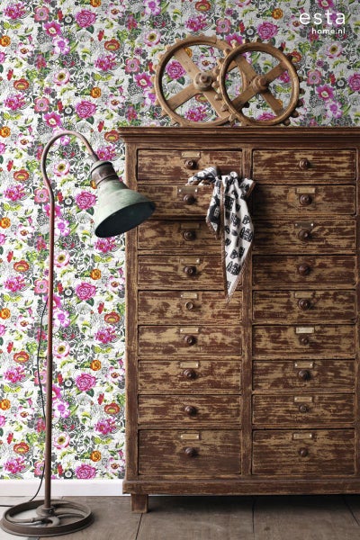 ESTAhome XXL-Vliestapete funky Blumen Rosa, Rot, Grün, Schwarz und Weiß - 50 x 900 cm - 158501