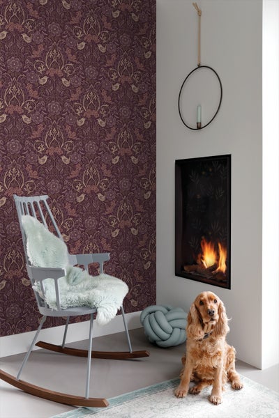 ESTAhome Tapete Blumen und Vögel Aubergineviolett - 50 x 900 cm - 131635