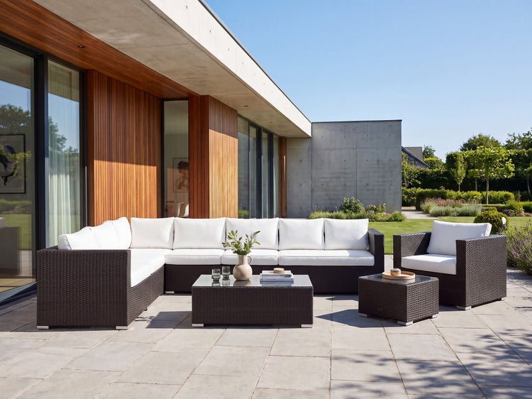 Moderne Loungegarnitur aus Rattan mit Polstern auf einer Terrasse vor einem Haus mit Holzfassade.