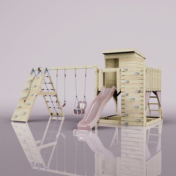 Spielturm aus Holz mit Rutsche, zwei Schaukeln, Kletterwand und Strickleiter.