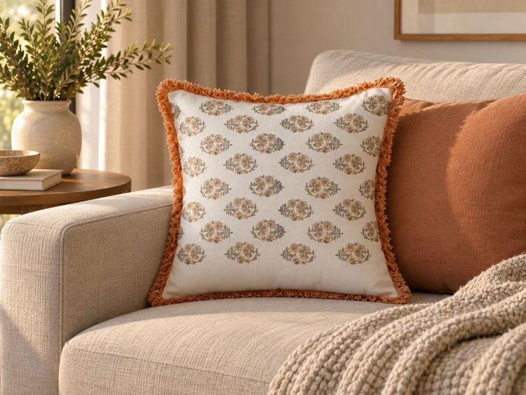 Quadratisches Zierkissen mit floralem Muster und Fransenbesatz auf einem Sofa platziert.