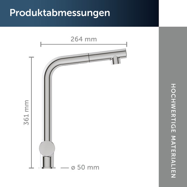 Ideal Standard Küchenarmatur Alero mit herausziehbarer Handbrause und 360 Grad schwenkbarem Auslauf auf Produktwerbung.