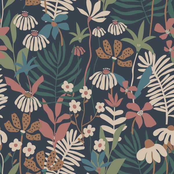ESTAhome Tapete tropische Blätter und Blüten Dunkelblau und Mehrfarbig - 50 x 900 cm - 130999