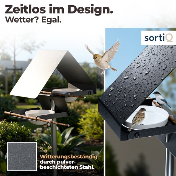 Vogelhaus aus pulverbeschichtetem Stahl mit Futterstelle für Wildvögel