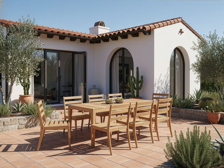 Gartenszene mit Esstisch und Stühlen auf einer Terrasse vor einem Wohnhaus