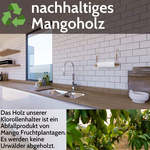 Helle Küche mit Rollenhalter aus nachhaltigem Mangoholz. Das Holz ist ein Abfallprodukt von Plantagen zum Schutz der Urwälder. Recycling-Symbol.