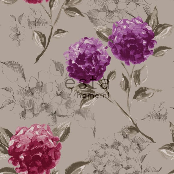 ESTAhome Tapete Hortensien Taupe und Aubergineviolett - 53 cm x 10.05 m - 128024