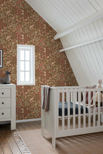 ESTAhome Tapete Blumen und Vögel Graugrün und Rosa - 50 x 900 cm - 131468