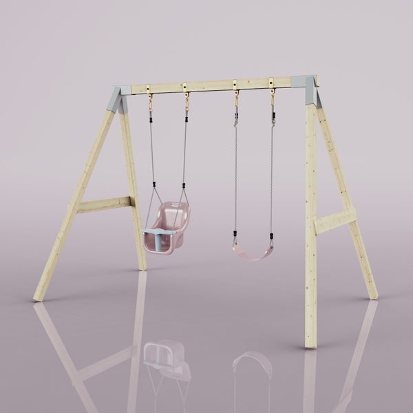 Schaukelgestell aus Holz mit zwei Schaukelsitzen, ein Babysitz und ein klassischer Sitz in Rosa.