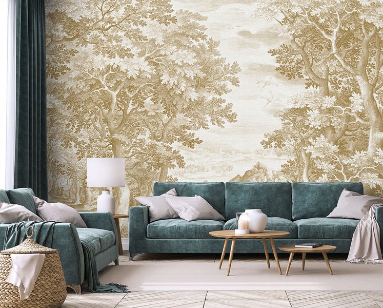 Wohnzimmer mit Sofa, Sessel und Wandtapete mit Waldmotiv