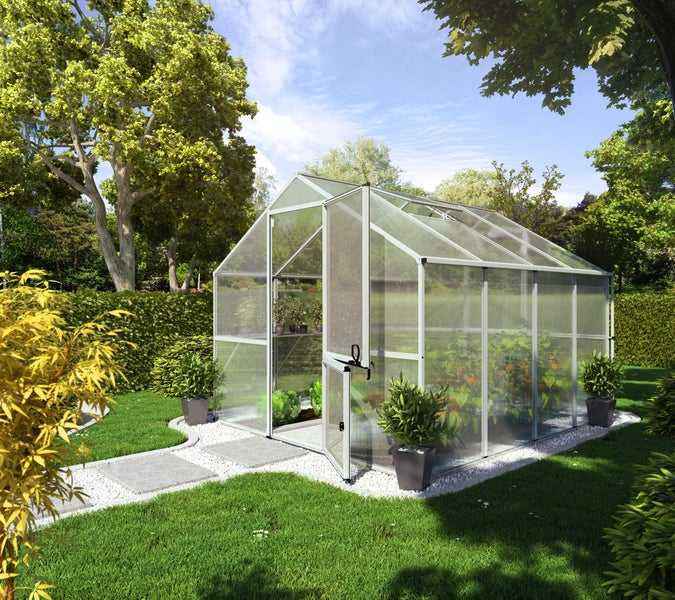 Gewächshaus aus Aluminium mit Polycarbonat-Platten im Garten. Die Tür ist geöffnet und zeigt Pflanzen auf Regalen im Innenraum.