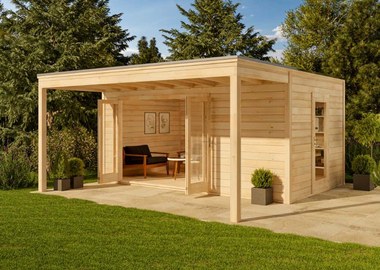 Alpholz Design Gartenhaus Cubus-Avant 44 ISO Gartenhaus aus Holz, Holzhaus mit 44 mm Wandstärke inklusive Schleppdach FSC zertifiziert, Blockbohlenhaus mit Montagematerial, Naturbelassen 4,84,8xx4,84,8m m