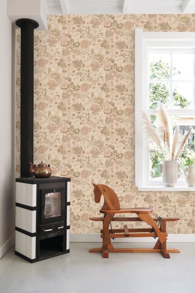 ESTAhome Tapete Blumenmuster Hellbraun und Altrosa - 50 x 900 cm - 139764